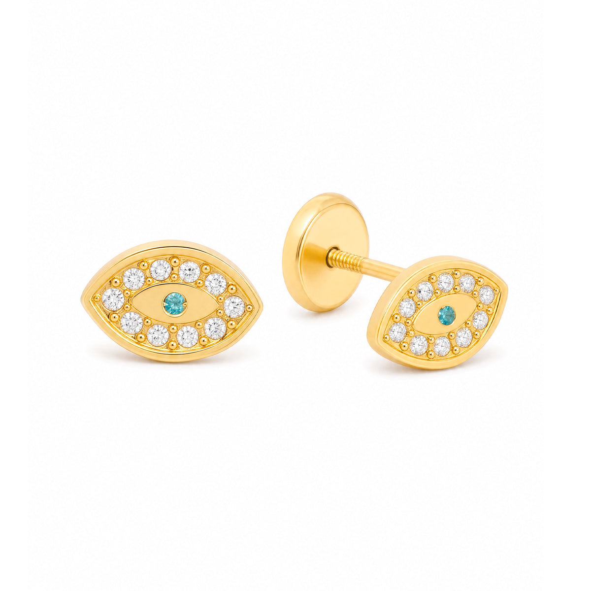 14K Yellow Gold Evil Eye with White & Light Blue CZ Stud Screwback Earrings