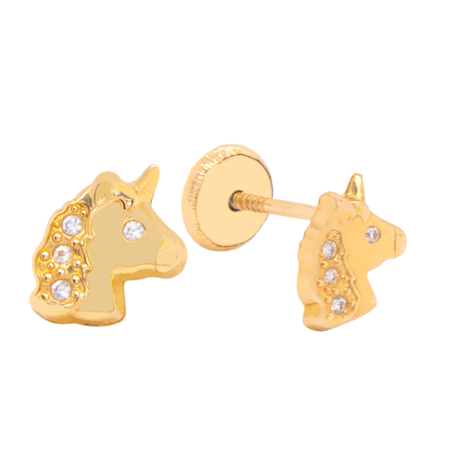 14K Yellow Gold Radiant Unicorn with White CZ Accents Stud Screwback Earrings