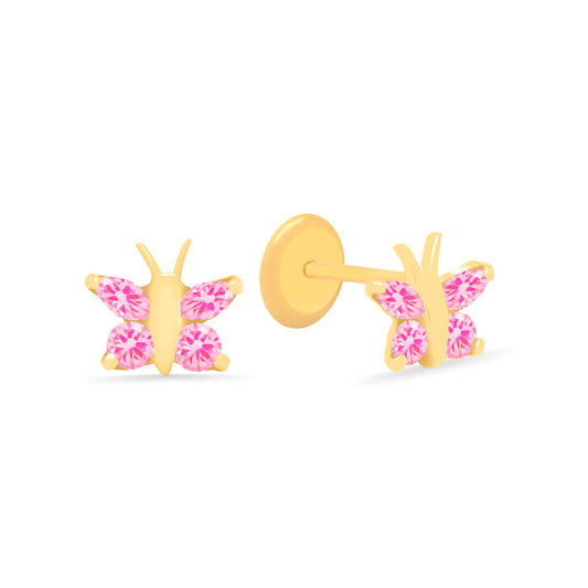 14K Yellow Gold Unique Butterfly with Pink & White CZ Accents Stud Screwback Earrings