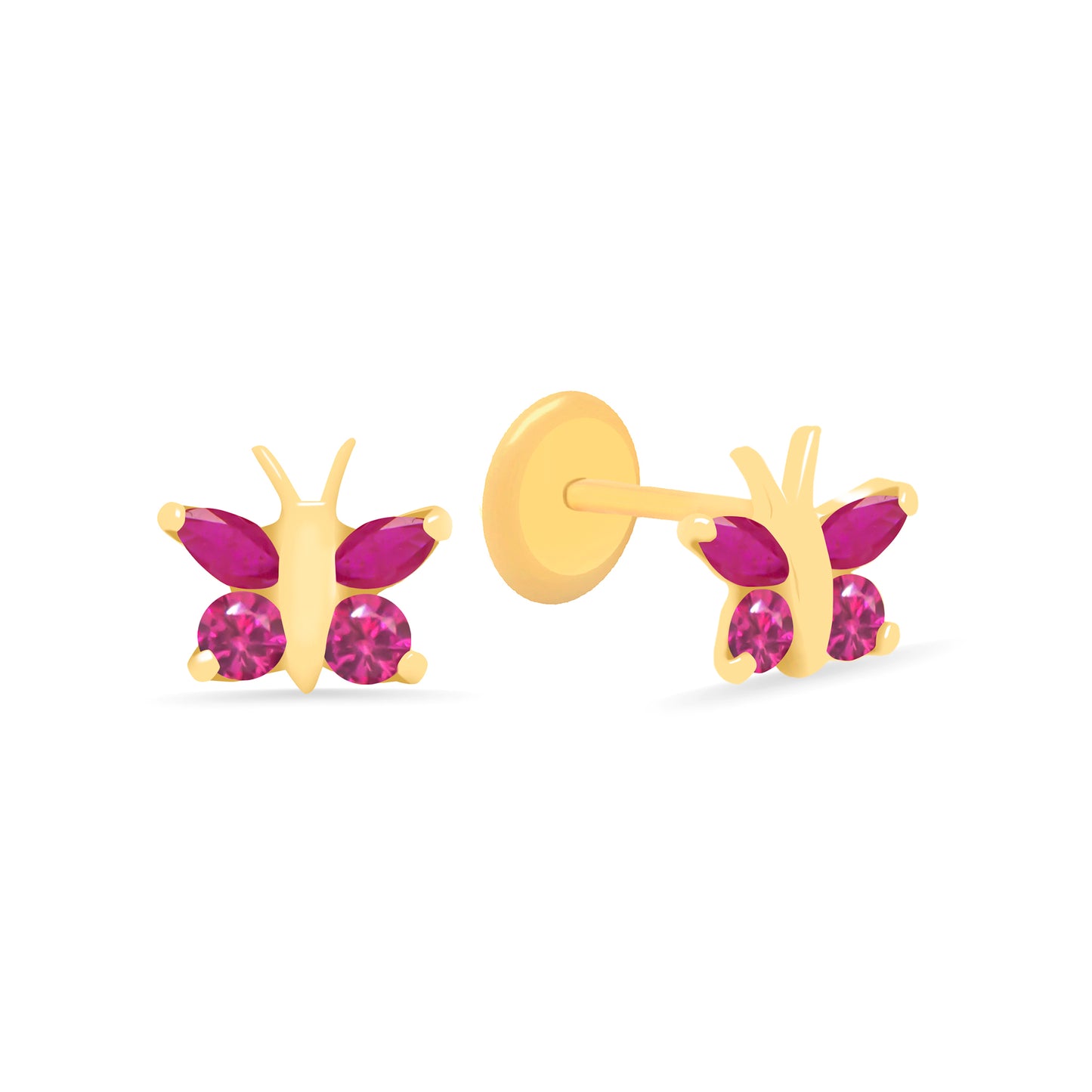 14K Yellow Gold Unique Butterfly with Red & White CZ Accents Stud Screwback Earrings