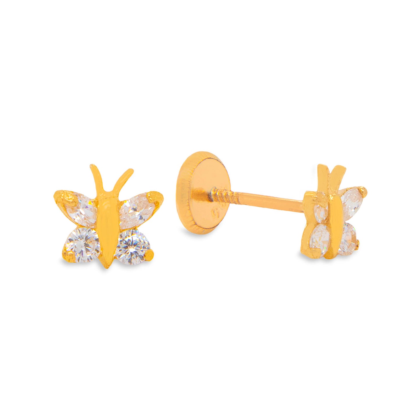 14K Yellow Gold Polished Butterfly with CZ Accents Stud Screwback Earrings