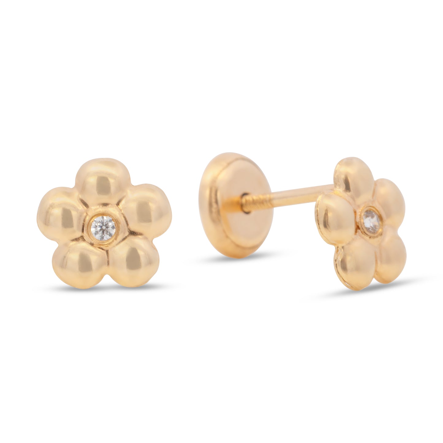 14K Yellow Gold Bubble Flower with Solitaire CZ Center Stud Screwback Earrings
