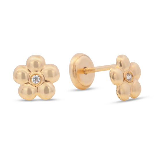 14K Yellow Gold Bubble Flower with Solitaire CZ Center Stud Screwback Earrings