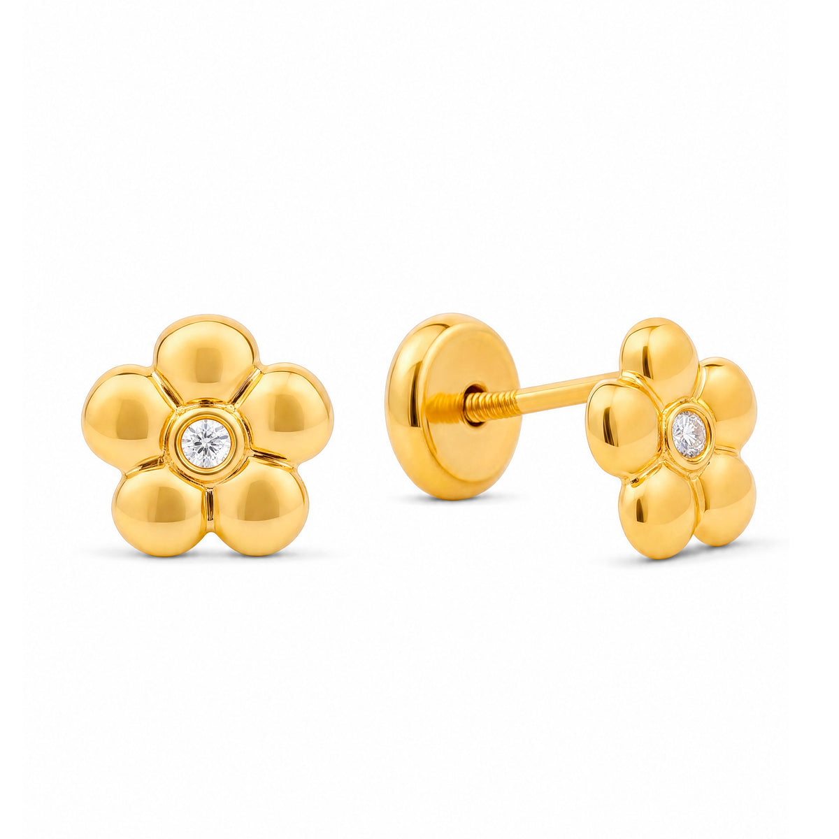 14K Yellow Gold Bubble Flower with Solitaire CZ Center Stud Screwback Earrings