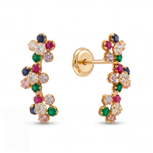 14K Yellow Gold CZ Triple Flower Ear Climber Earring-Multi Color