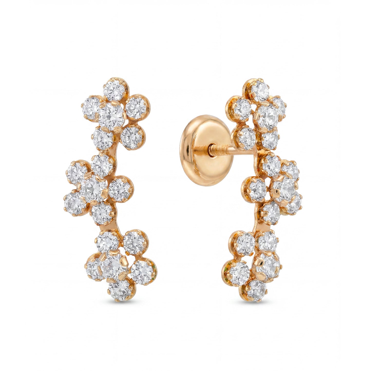 14K Yellow Gold CZ Triple Flower Ear Climber Earring-White