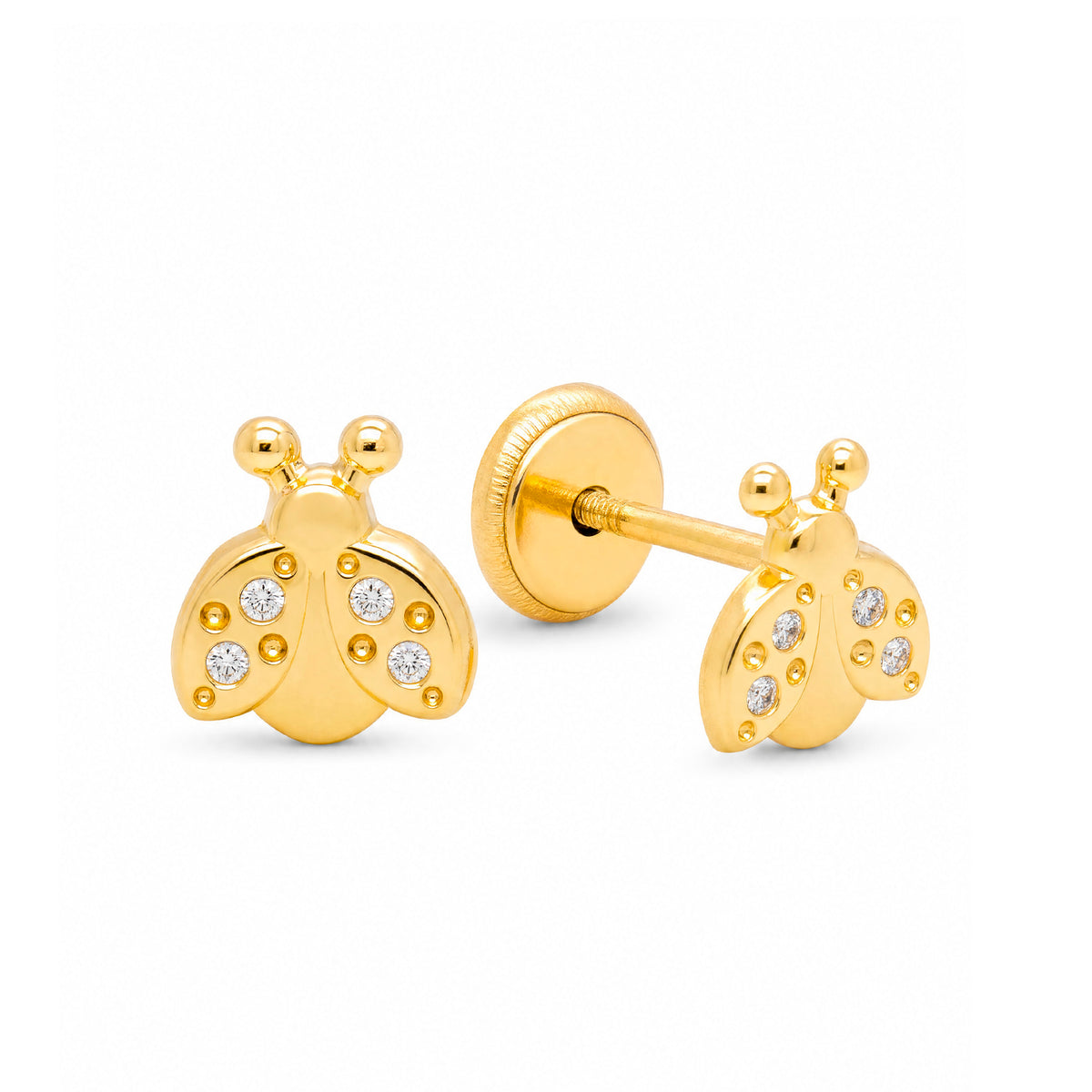 14K Yellow Gold Bumble Bee with White CZ Accents Stud Screwback Earrings