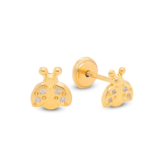 14K Yellow Gold Bumble Bee with White CZ Accents Stud Screwback Earrings