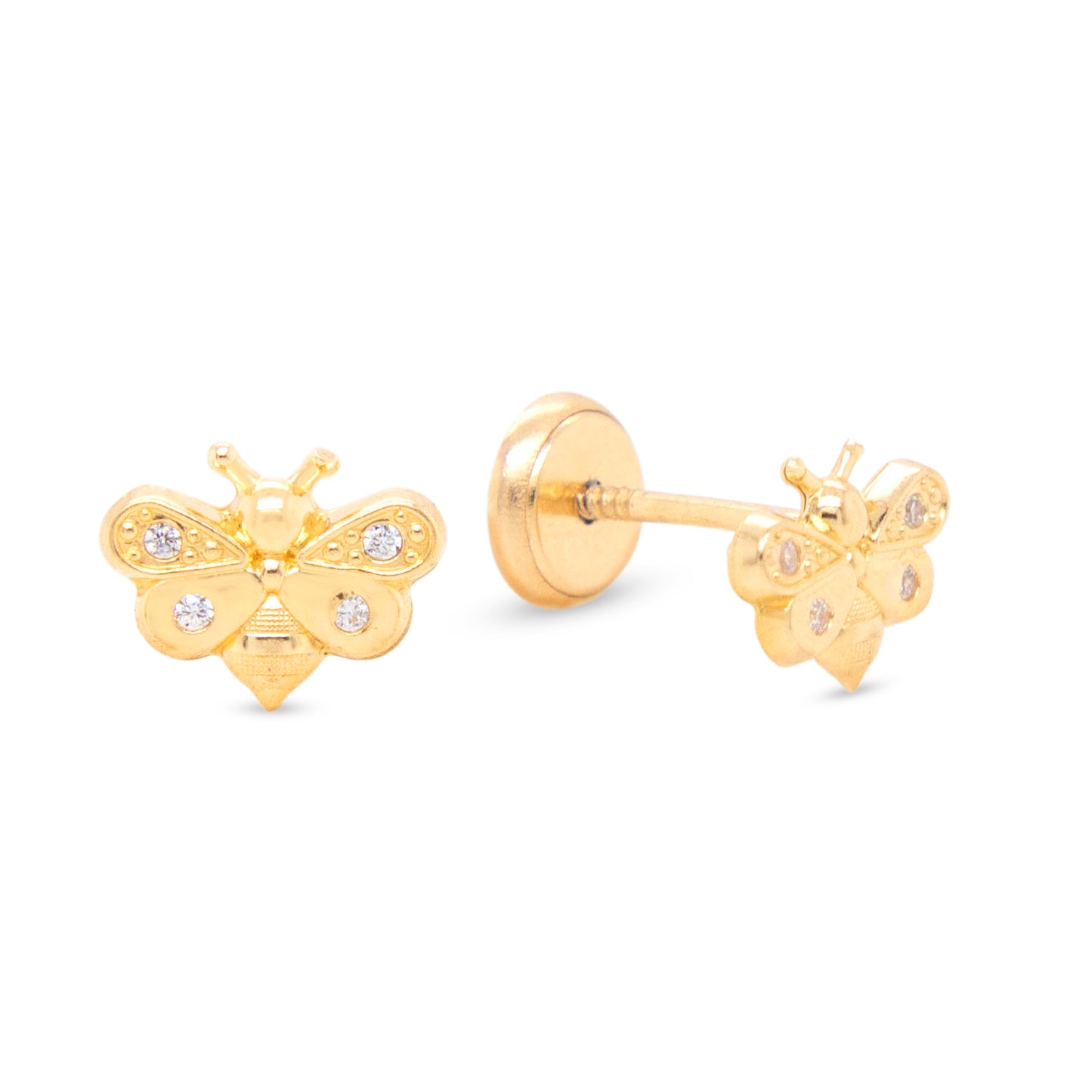 14K Yellow Gold Radiant Bumblebee with White CZ Accents Stud Screwback Earrings