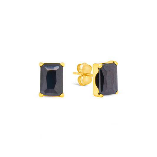 14K Yellow Gold 4MM Emerald-Cut Black CZ Stud Pushback Earrings
