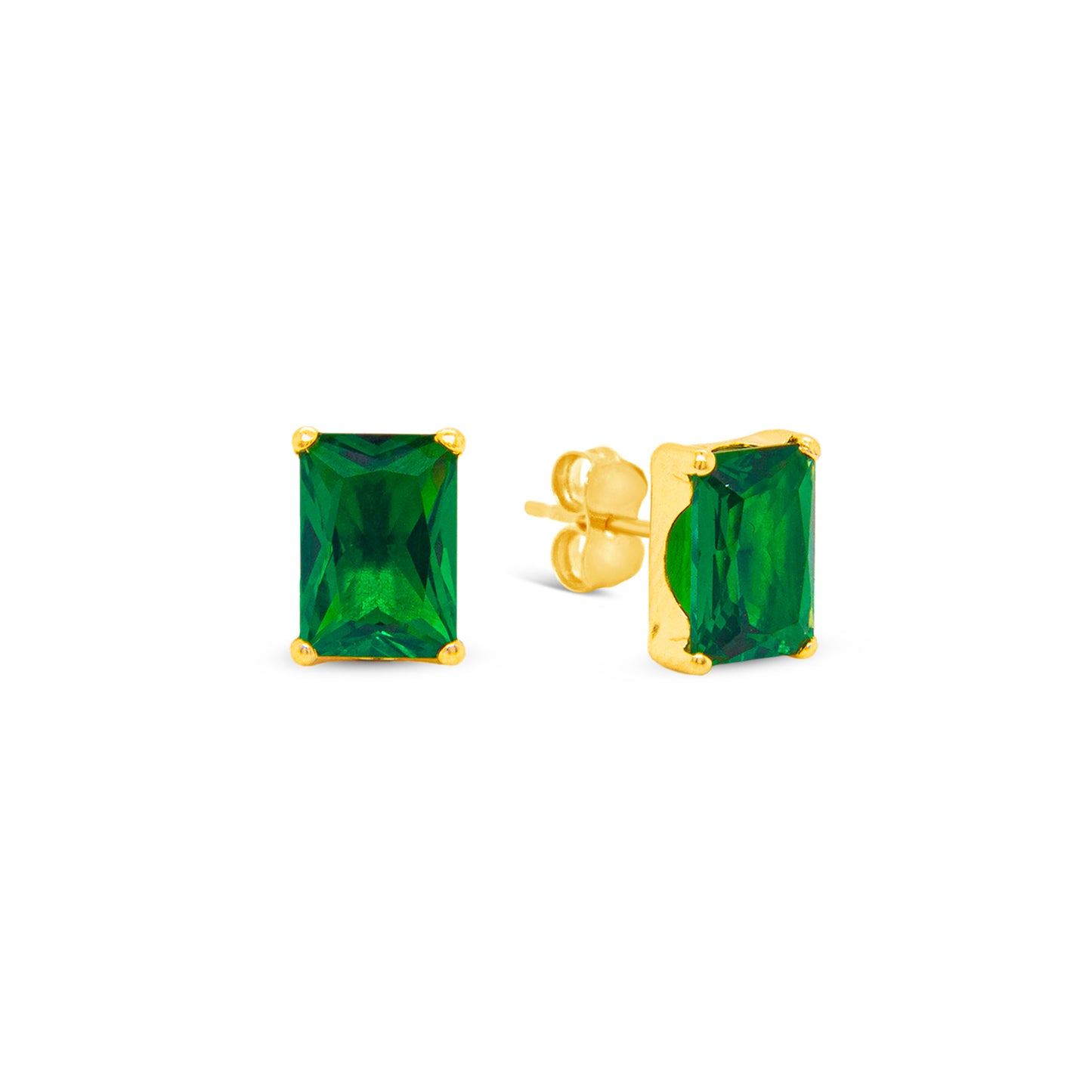 14K Yellow Gold 4MM Emerald-Cut Green CZ Stud Pushback Earrings
