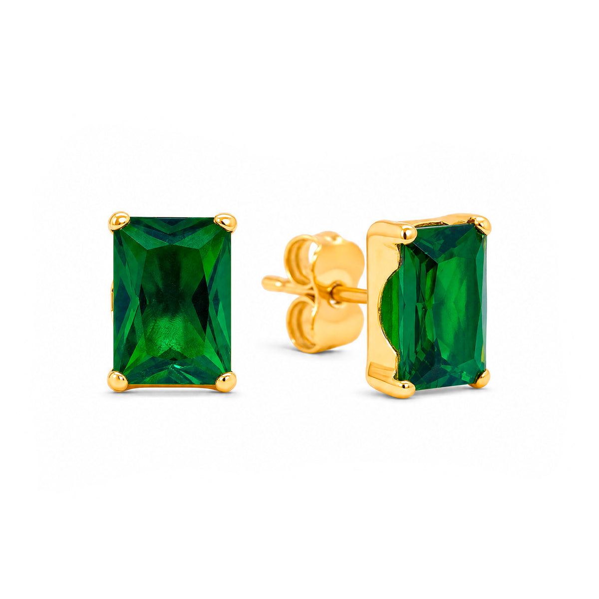 14K Yellow Gold 4MM Emerald-Cut Green CZ Stud Pushback Earrings