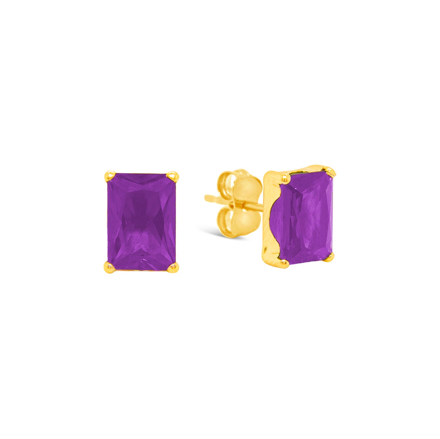 14K Yellow Gold 4MM Emerald-Cut Purple CZ Stud Pushback Earrings