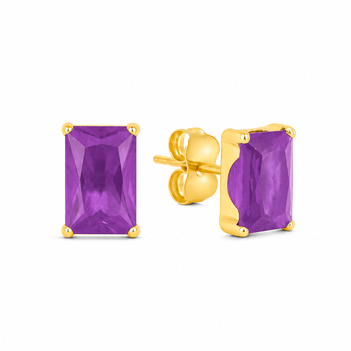 14K Yellow Gold 4MM Emerald-Cut Purple CZ Stud Pushback Earrings
