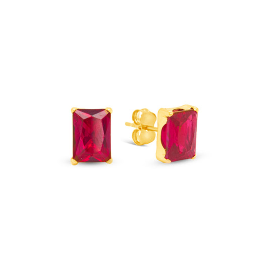 14K Yellow Gold 4MM Emerald-Cut Red CZ Stud Pushback Earrings