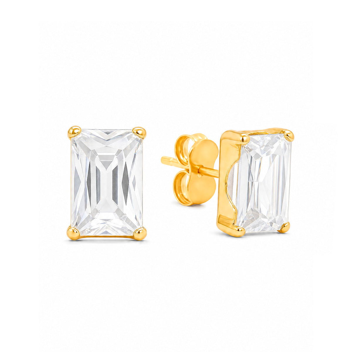 14K Yellow Gold 4MM Emerald-Cut White CZ Stud Pushback Earrings