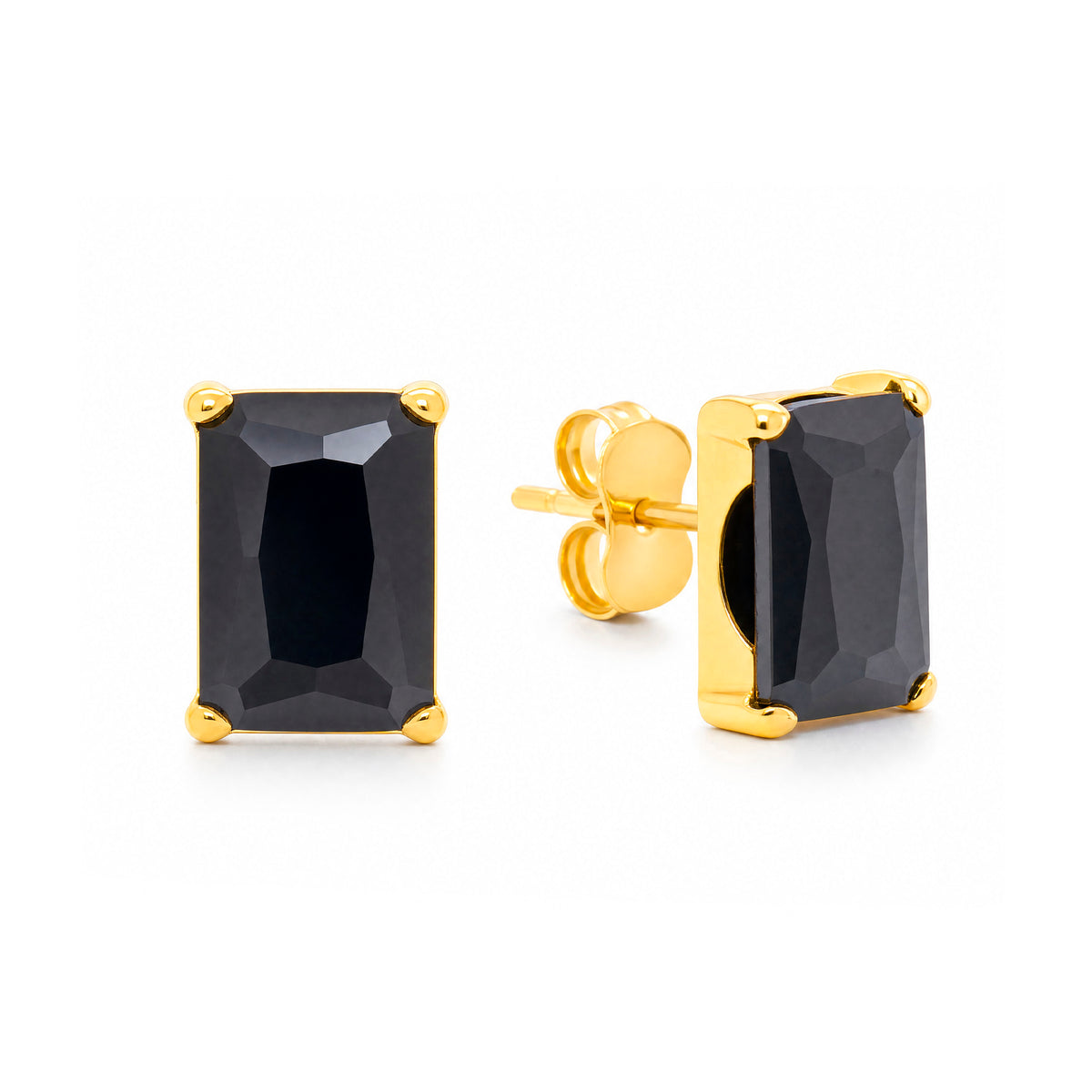 14K Yellow Gold 5MM Emerald-Cut Black CZ Stud Pushback Earrings