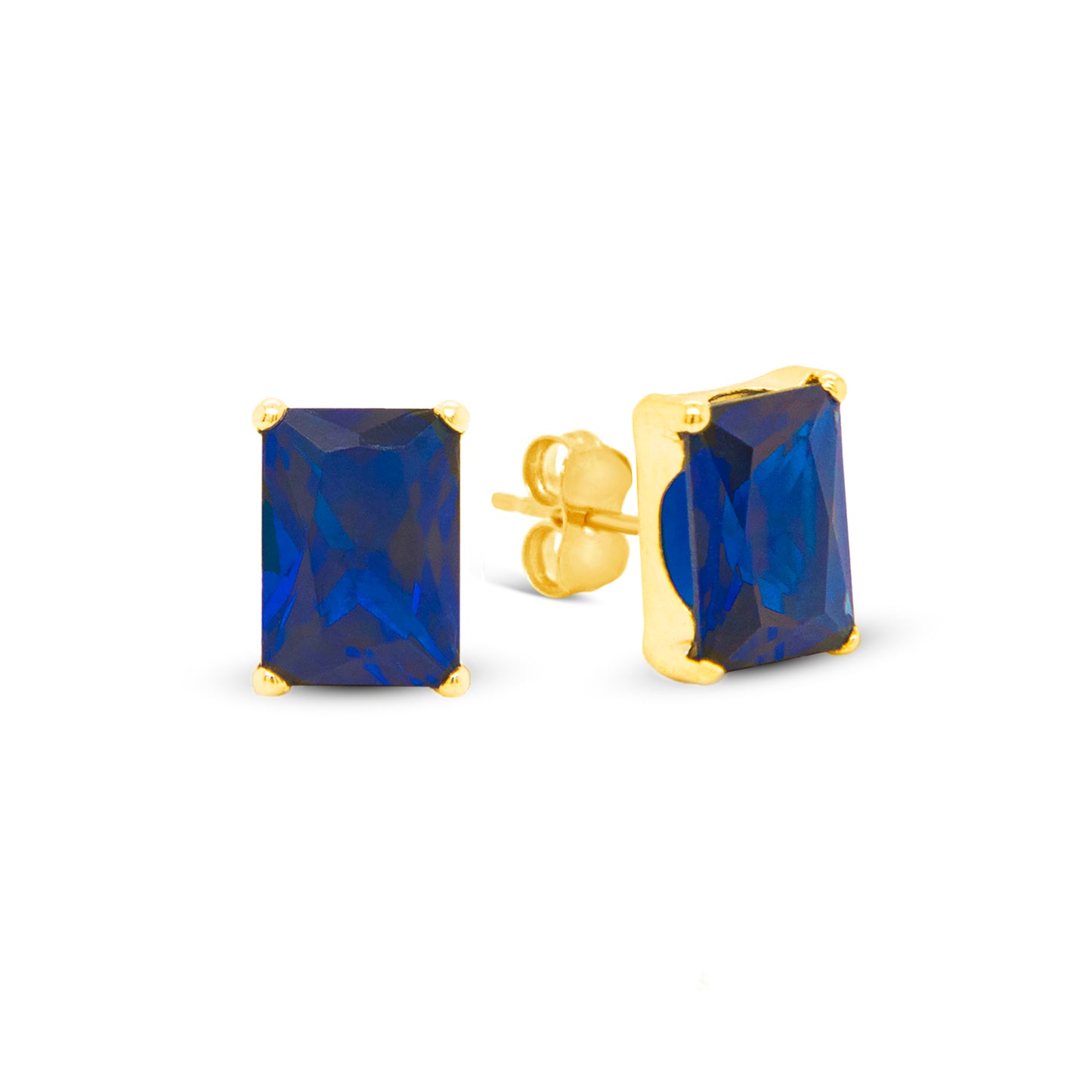 14K Yellow Gold 5MM Emerald-Cut Blue CZ Stud Pushback Earrings