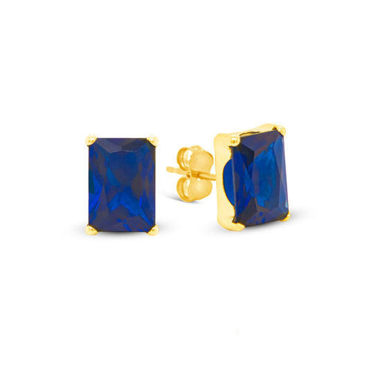 14K Yellow Gold 5MM Emerald-Cut Blue CZ Stud Pushback Earrings