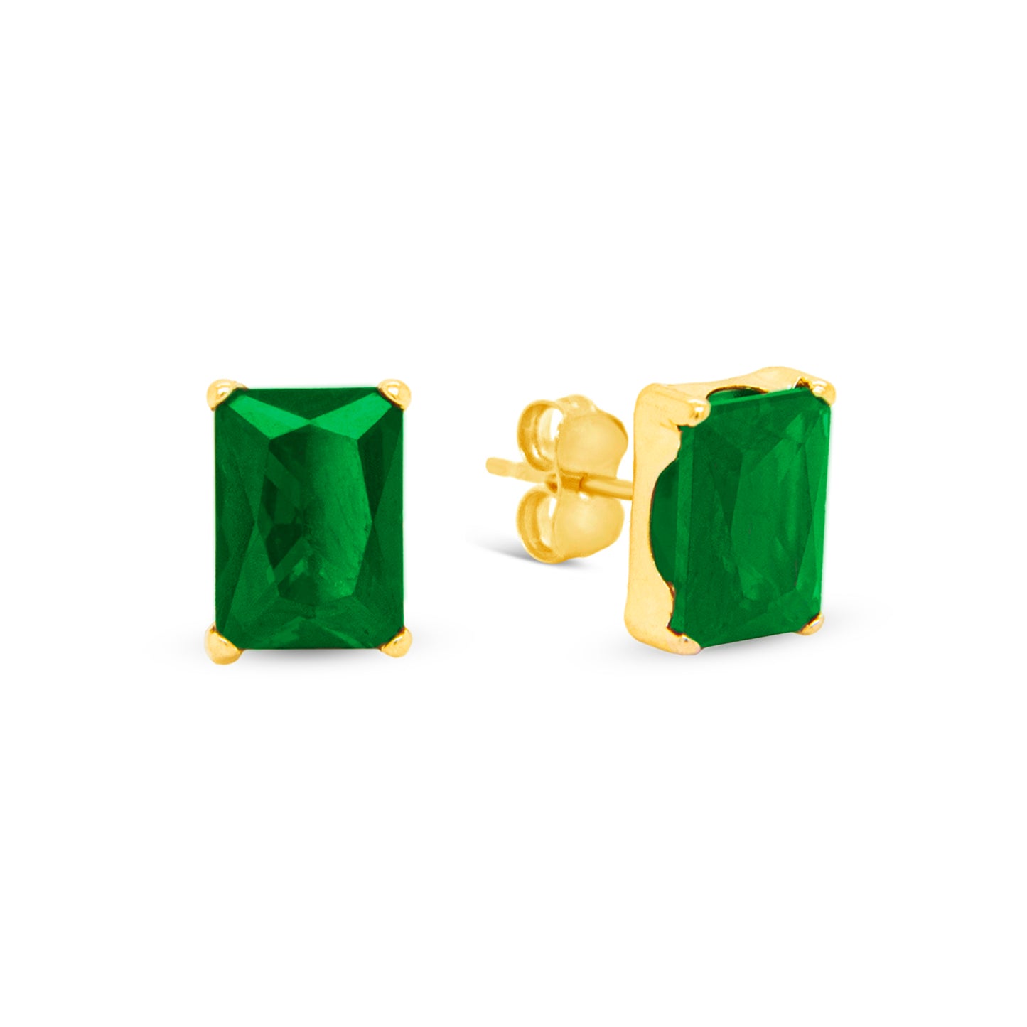 14K Yellow Gold 5MM Emerald-Cut Green CZ Stud Pushback Earrings