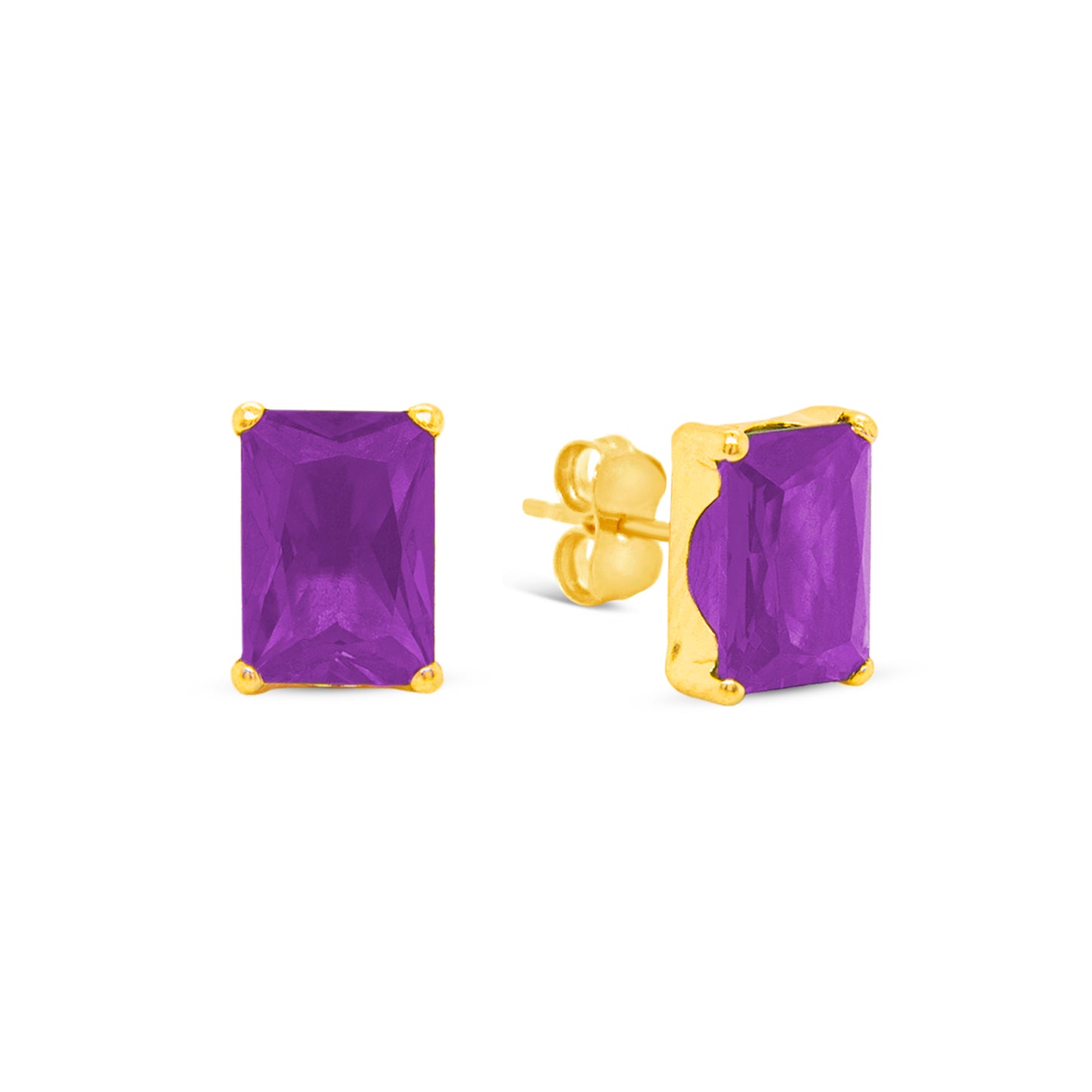 14K Yellow Gold 5MM Emerald-Cut Purple CZ Stud Pushback Earrings