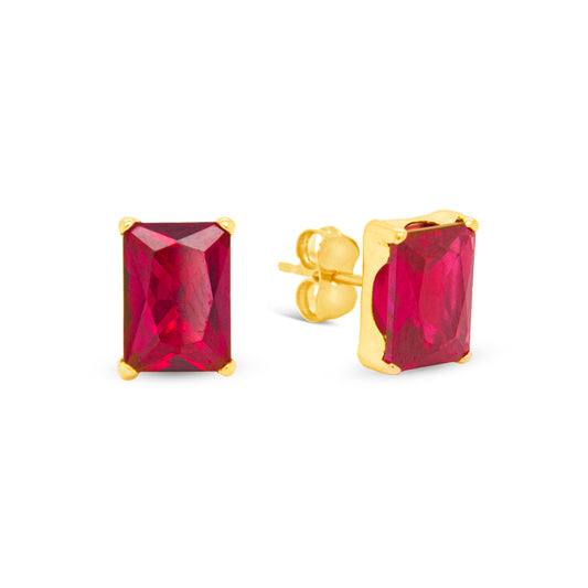 14K Yellow Gold 5MM Emerald-Cut Red CZ Stud Pushback Earrings