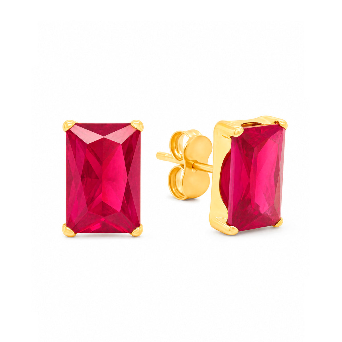 14K Yellow Gold 6MM Emerald-Cut Red CZ Stud Pushback Earrings