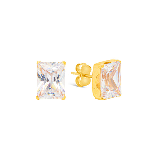 14K Yellow Gold 5MM Emerald-Cut White CZ Stud Pushback Earrings