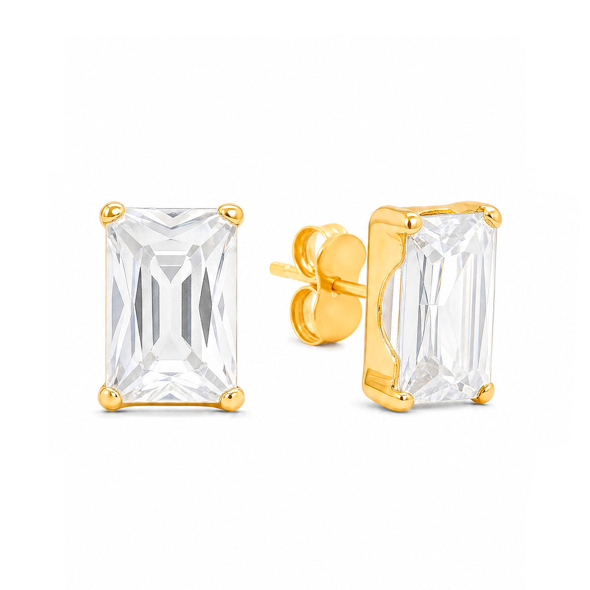 14K Yellow Gold 5MM Emerald-Cut White CZ Stud Pushback Earrings