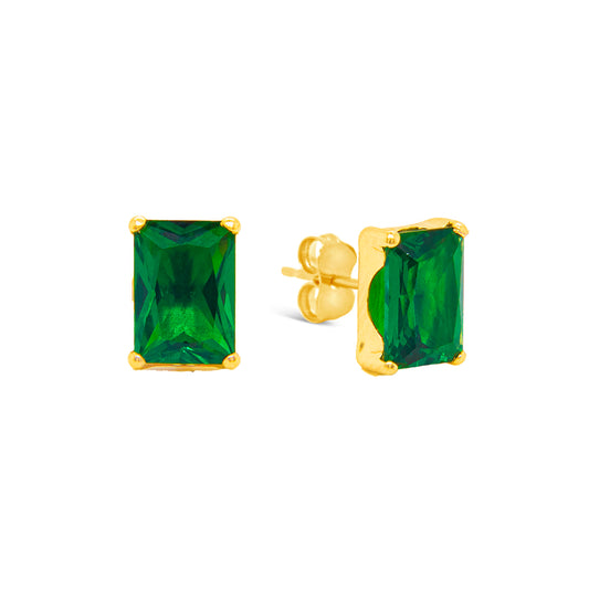 14K Yellow Gold 6MM Emerald-Cut Green CZ Stud Pushback Earrings