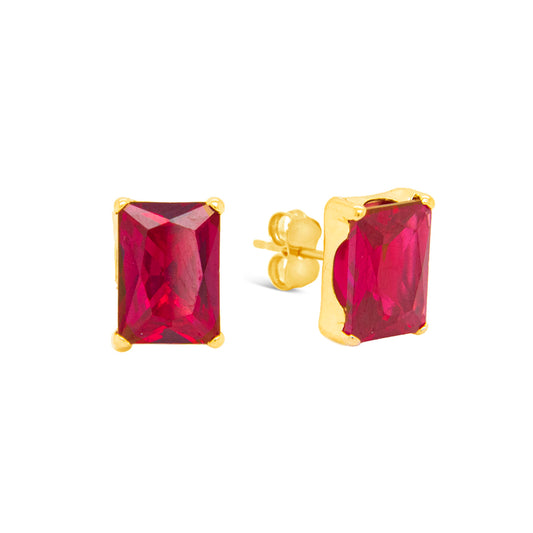14K Yellow Gold 6MM Emerald-Cut Red CZ Stud Pushback Earrings