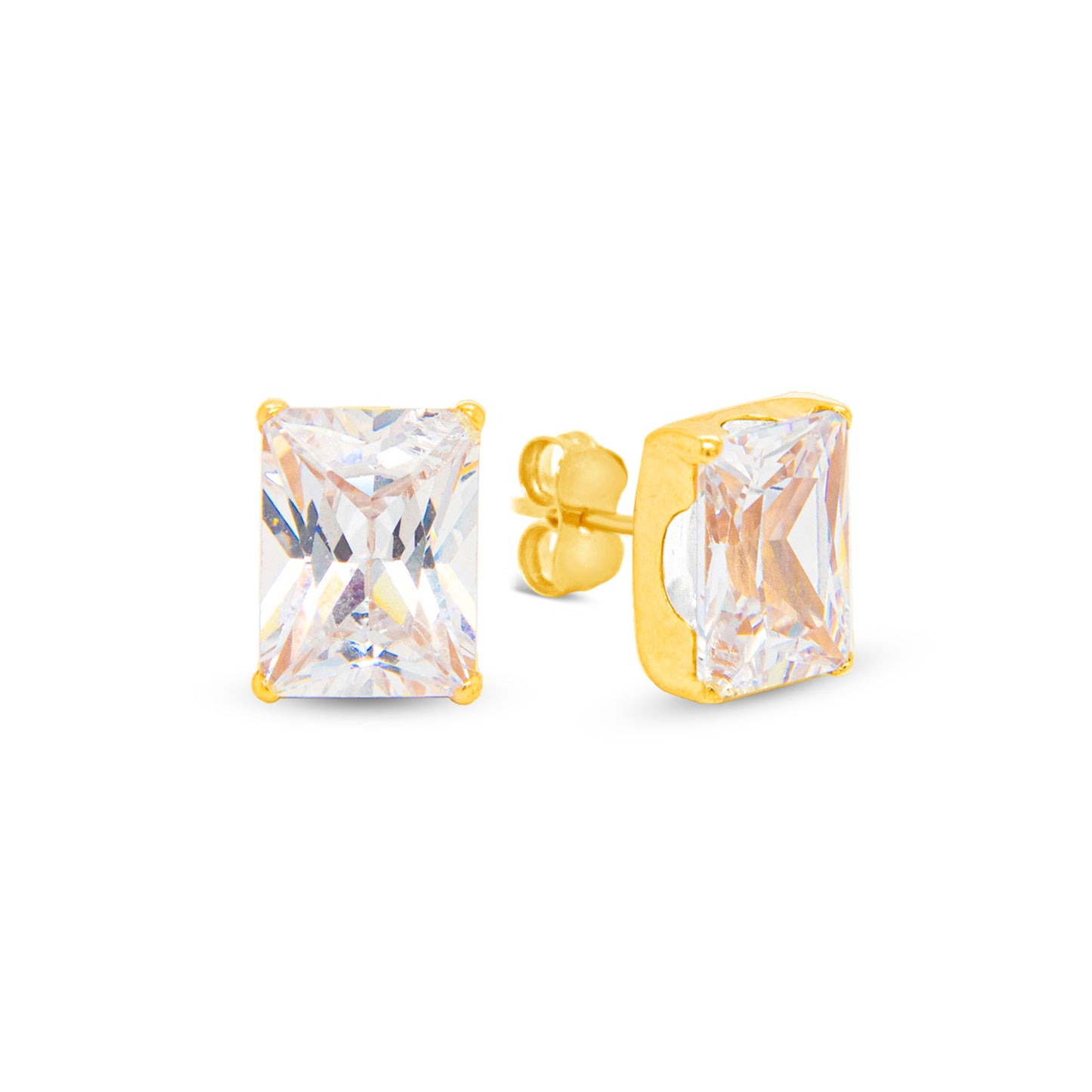 14K Yellow Gold 6MM Emerald-Cut White CZ Stud Pushback Earrings