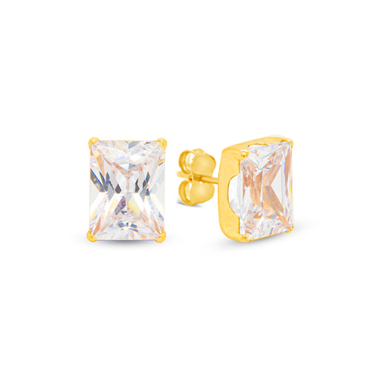 14K Yellow Gold 6MM Emerald-Cut White CZ Stud Pushback Earrings