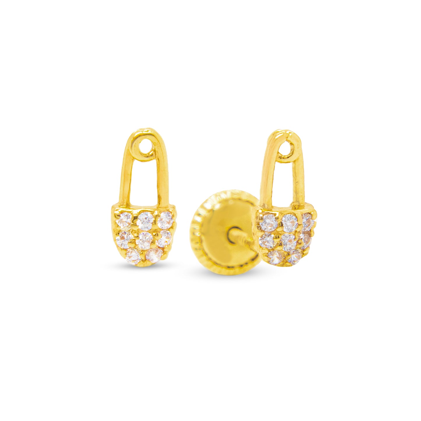 14K Yellow Gold Radiant Pave White CZ Safety Pin Stud Screwback Earrings