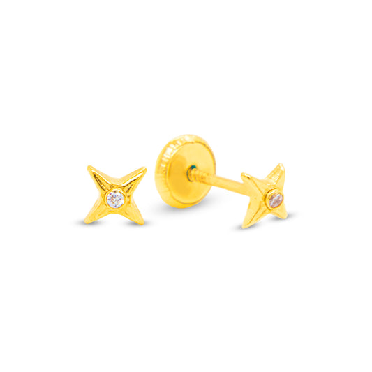 14K Yellow Gold Solitaire CZ Four-Point Star Stud Screwback Earrings