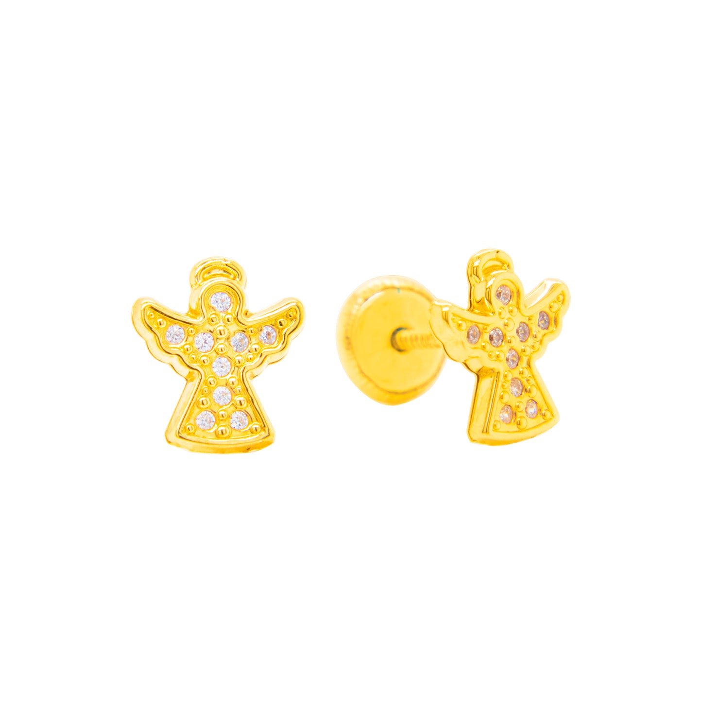 14K Yellow Gold Radiant Pave CZ Angel Stud Screwback Earrings