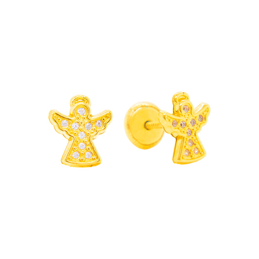 14K Yellow Gold Radiant Pave CZ Angel Stud Screwback Earrings