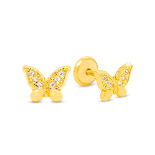 14K Yellow Gold Detailed Butterfly White CZ Accents Stud Screwback Earrings