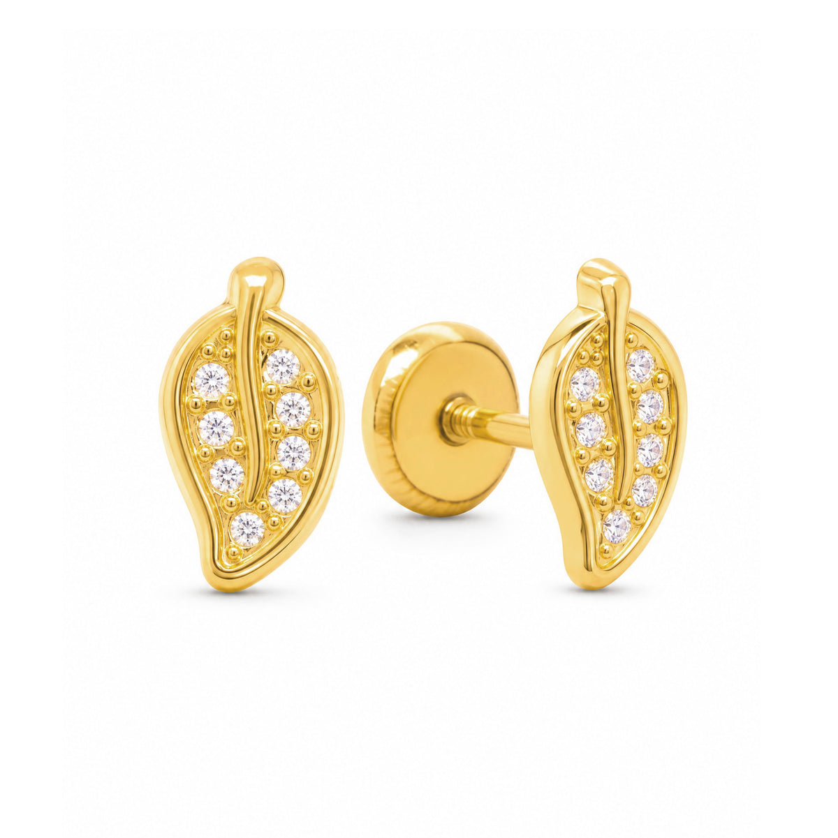14K Yellow Gold Detailed Leaf with CZ Accent Stud Screwback Earrings