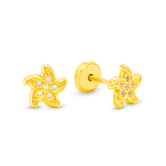 14K Yellow Gold Uniqe Starfish with White CZ Accents Stud Screwback Earrings
