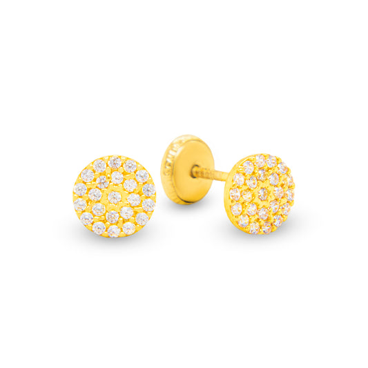 14K Yellow Gold Medium Cubic Zirconia Round Pave Stud Screwback Earrings