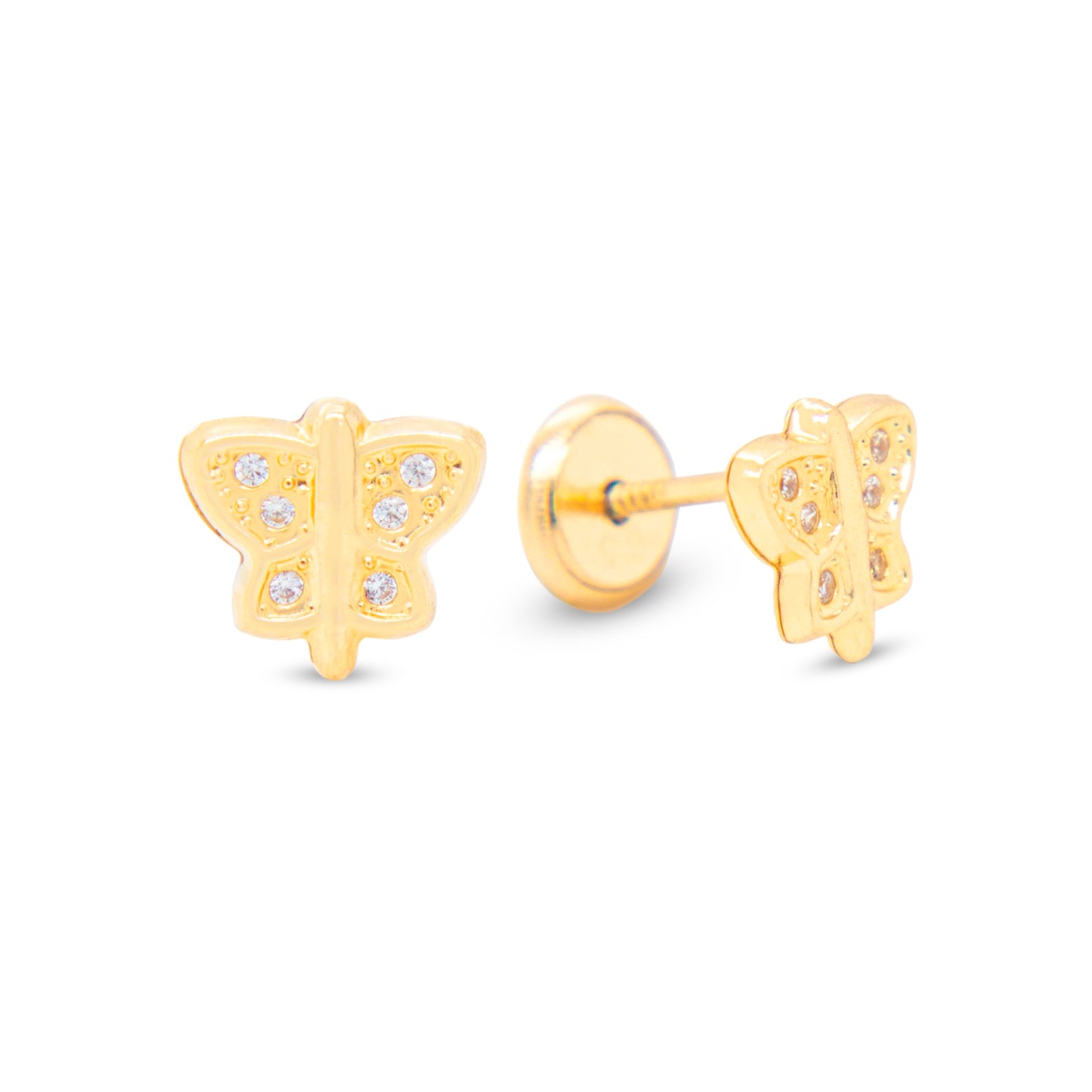 14K Yellow Gold Small Butterfly with White CZ Accents Stud Screwback Earrings-1