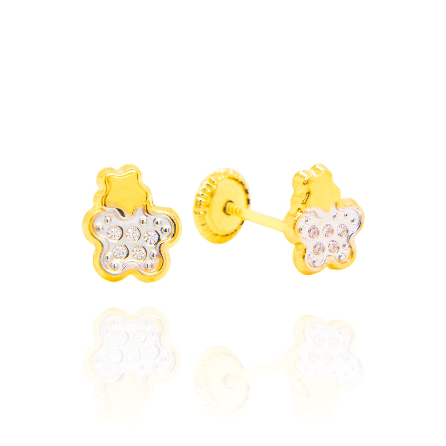 14K Yellow Gold CZ Pave Teddy Bear Stud Screwback Earrings