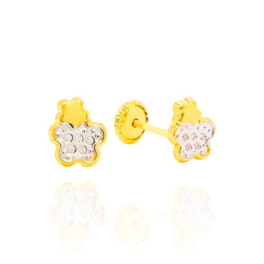 14K Yellow Gold CZ Pave Teddy Bear Stud Screwback Earrings