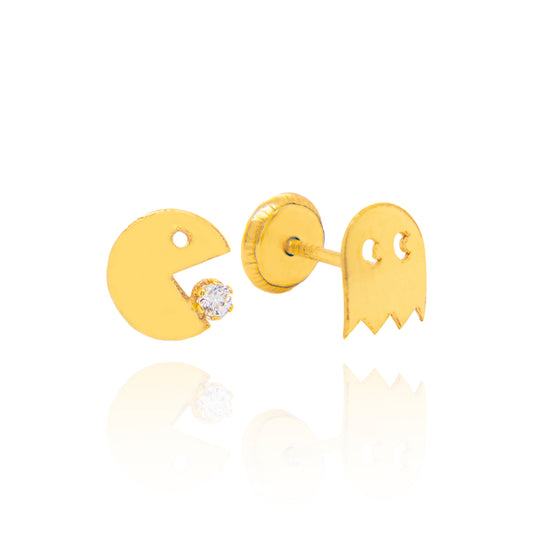 14K Yellow Gold Pac Man Mismatch with Solitaire White CZ Accents Stud Earrings