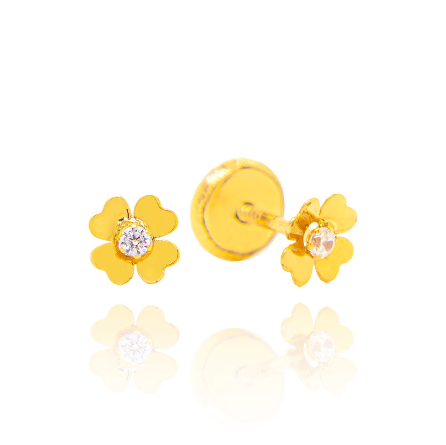 14K Yellow Gold Medium Flower and CZ on Center Screwback Earrings