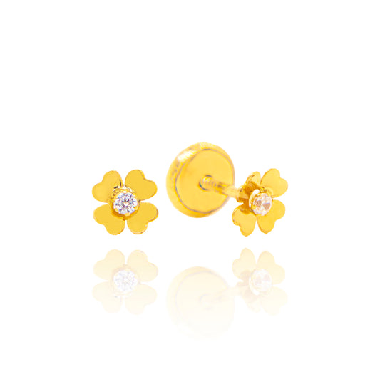 14K Yellow Gold Small Flower and CZ on Center Screwback Earrings
