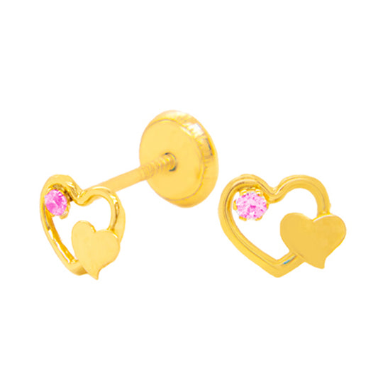 14K Yellow Gold Medium Open & Solid Heart with Pink CZ Accent Stud Screwback Earrings