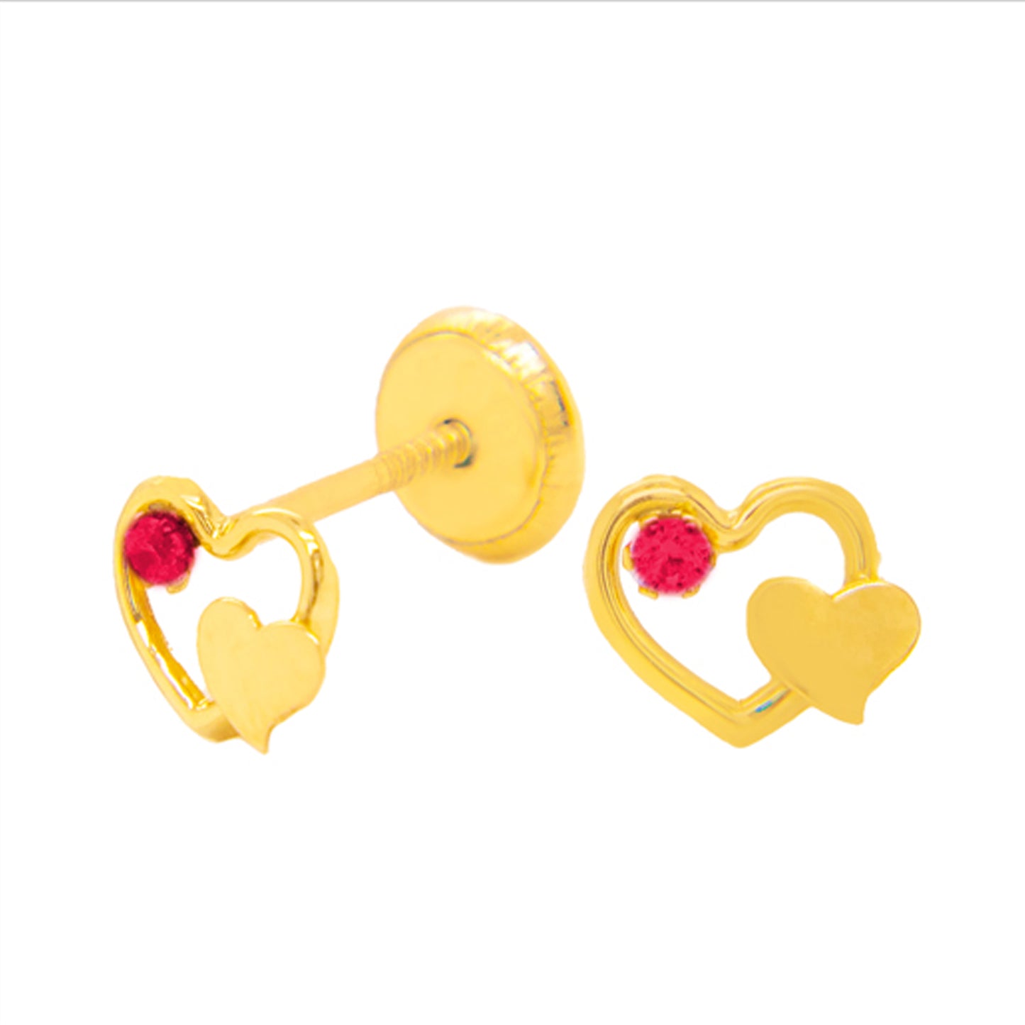14K Yellow Gold Medium Open & Solid Heart with Red CZ Accent Stud Screwback Earrings