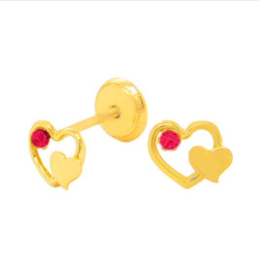 14K Yellow Gold Medium Open & Solid Heart with Red CZ Accent Stud Screwback Earrings